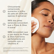 Uma mulher aplica um disco de algodão no rosto. O texto sobre um fundo bege ondulado lista os benefícios: clinicamente comprovado aumentar o brilho da pele em 20% em 4 semanas, 96% das peles sensíveis concordam que o Press & Glow é suave, e 98% concordam que o uso diário funciona perfeitamente com vitamina A.