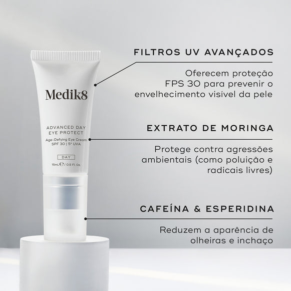 O tubo Advanced Day Eye Protect assenta num pedestal branco contra um fundo cinza claro. Linhas de texto destacam os ingredientes-chave: Filtros UV Avançados para oferecer proteção FPS 30 e prevenir o envelhecimento visível da pele, Extrato de Moringa para proteger contra agressões ambientais como poluição e radicais livres, e Cafeína e Esperidina para reduzir a aparência de olheiras e inchaço.-hover-1
