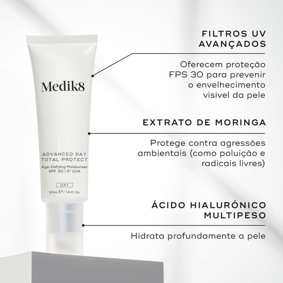O tubo Advanced Day Total Protect assenta num pedestal branco contra um fundo cinza claro. Linhas de texto destacam os ingredientes-chave: Filtros UV Avançados para proteção FPS 30 contra o envelhecimento visível, Extrato de Moringa para proteger contra agressões ambientais como poluição e radicais livres, e Ácido Hialurónico Multipeso para hidratar profundamente a pele.-hover-2