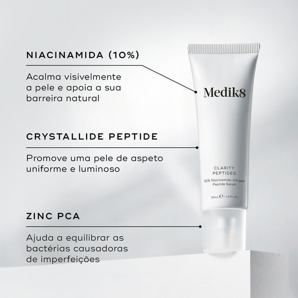 O tubo Clarity Peptides assenta num pedestal branco contra um fundo cinza claro. Linhas de texto destacam os ingredientes-chave: Niacinamida (10%) para acalmar visivelmente a pele e apoiar a sua barreira natural, Crystallide Peptide para promover uma pele de aspeto uniforme e luminoso, e Zinc PCA para ajudar a equilibrar as bactérias causadoras de imperfeições.-hover-33