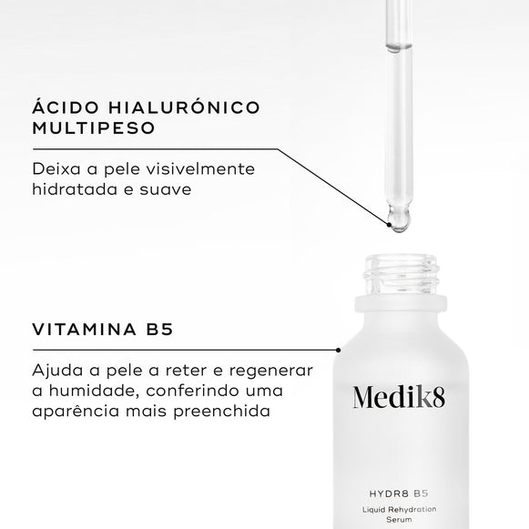 Close-up do frasco Hydr8 B5 aberto com o conta-gotas dispensando líquido. Linhas de texto destacam os ingredientes-chave: Ácido Hialurónico Multipeso para deixar a pele visivelmente hidratada e suave, e Vitamina B5 para ajudar a pele a reter e regenerar a humidade para uma aparência mais preenchida.-hover-18