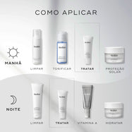 Um guia de rotina matinal e noturna exibe produtos Medik8 num fundo cinza claro ondulado. O tubo Clarity Peptides é destacado como a etapa "TRATAR" em ambas as rotinas, juntamente com produtos de limpeza, um tónico, e vitamina A, vitamina C ou hidratantes.