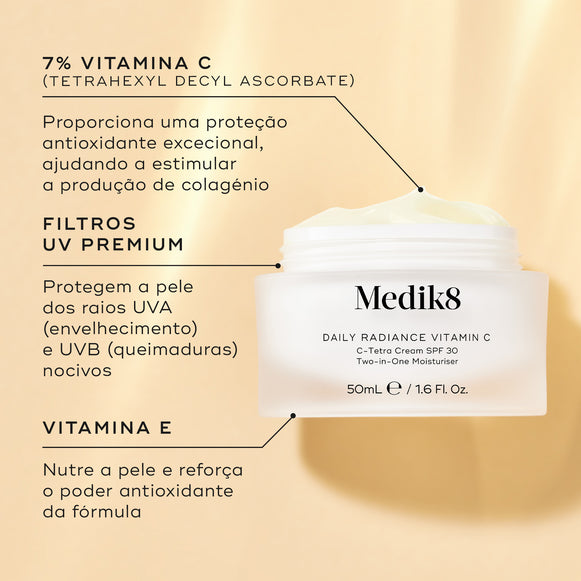 O frasco Daily Radiance Vitamin C está aberto num fundo bege. Linhas de texto destacam os ingredientes-chave: Vitamina C 7% (Ascorbato de Tetrahexildecil) para proteção antioxidante excecional e estimulação de colagénio, Filtros UV Premium para proteger contra os raios nocivos UVA e UVB, e Vitamina E para nutrir a pele e reforçar o poder antioxidante.-hover-1