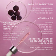 Vista superior de um conta-gotas e ingredientes em placas de Petri contra um fundo rosa. Linhas de texto destacam: Baga de Saskatoon para ajudar a preservar os níveis naturais de ácido hialurónico da pele, Vitamina B5 para apoiar a regeneração das células da pele para uma aparência mais preenchida, Fatores Naturais de Hidratação (NMFs) para ligar e reter a hidratação, e Ácido Hialurónico de Múltiplo Peso Molecular para deixar a pele visivelmente hidratada e flexível.