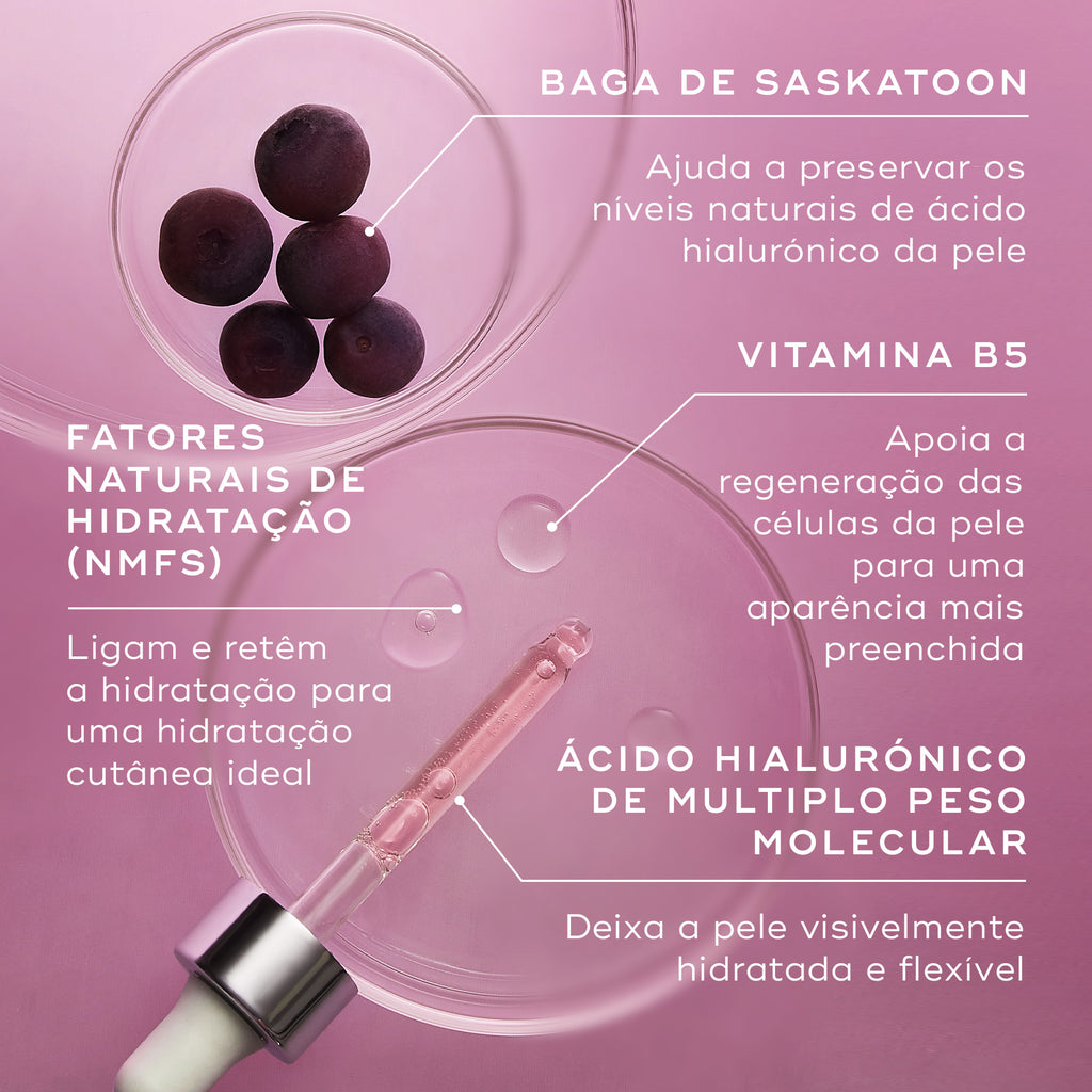 Vista superior de um conta-gotas e ingredientes em placas de Petri contra um fundo rosa. Linhas de texto destacam: Baga de Saskatoon para ajudar a preservar os níveis naturais de ácido hialurónico da pele, Vitamina B5 para apoiar a regeneração das células da pele para uma aparência mais preenchida, Fatores Naturais de Hidratação (NMFs) para ligar e reter a hidratação, e Ácido Hialurónico de Múltiplo Peso Molecular para deixar a pele visivelmente hidratada e flexível.