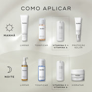 Um guia de rotina matinal e noturna exibe produtos Medik8 num fundo cinza claro ondulado. O frasco doseador r-Retinoate Day & Night é destacado como a etapa "VITAMINA C + VITAMINA A" em ambas as rotinas, juntamente com produtos de limpeza, tónicos e protetor solar ou hidratante.