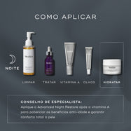 O gráfico do guia de rotina de pele exibe uma rotina noturna em um fundo escuro. O frasco de Medik8 Advanced Night Restore é destacado como a etapa de hidratação, após a limpeza, tratamento, Vitamina A e cuidado com os olhos. O texto em português inclui um conselho de especialista para aplicar o Advanced Night Restore após a Vitamina A para potencializar os benefícios anti-idade e garantir conforto total à pele.
