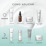 Um guia de rotina matinal e noturna exibindo produtos Medik8 sobre um fundo ondulado creme e verde-azulado. O frasco do Total Moisture Daily Facial Cream é destacado como a etapa "HIDRATAR" em ambas as rotinas, juntamente com produtos de limpeza, vitamina C, protetor solar, tónico e vitamina A.