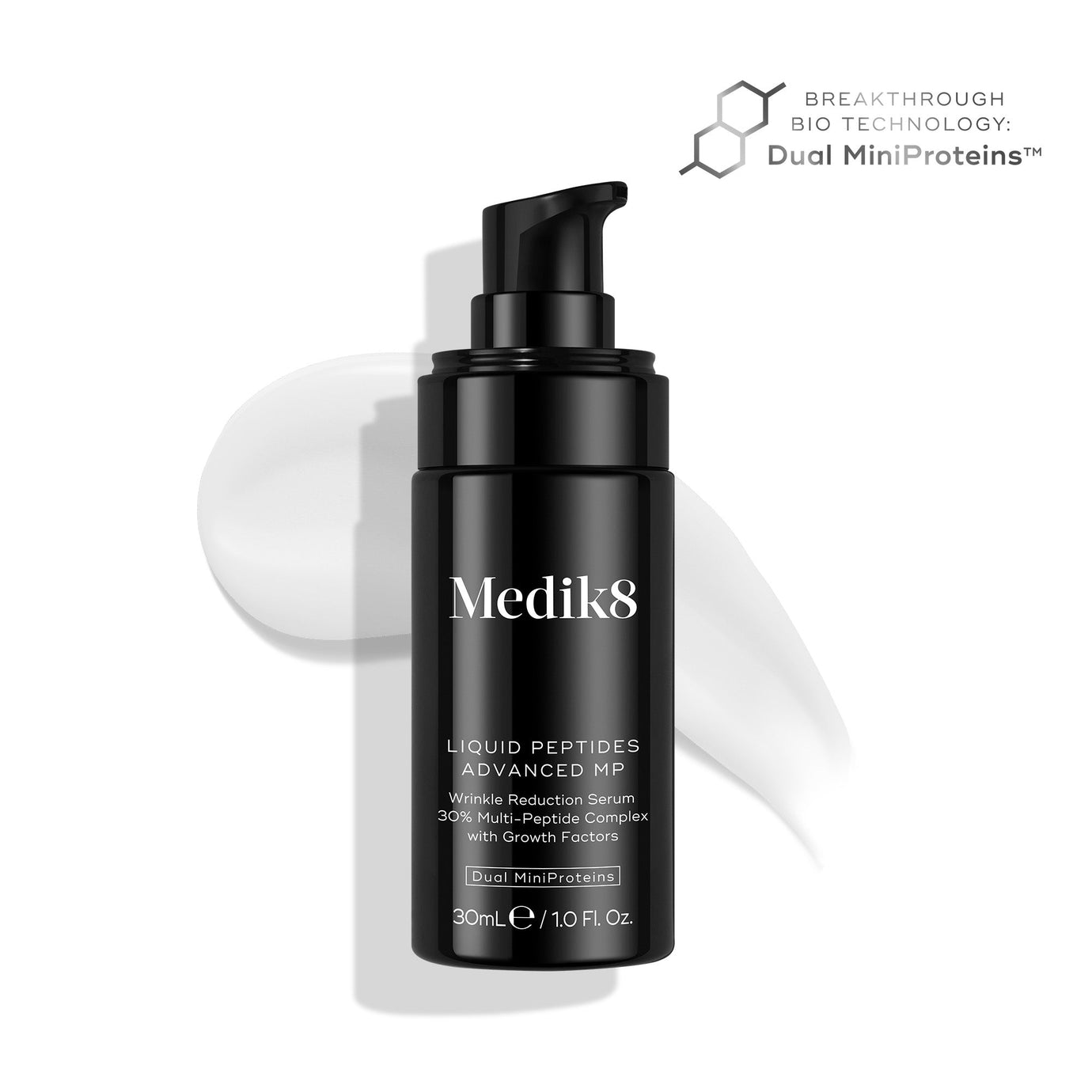 A black bottle of Liquid Peptides Advanced MP serum with a pump dispenser is shown, with a swirl of white serum behind it.