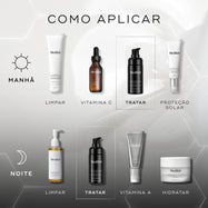 O gráfico do guia de aplicação exibe rotinas de cuidados com a pele matinais e noturnas contra um fundo cinza claro com padrões hexagonais subtis. O frasco preto de Medik8 Liquid Peptides Advanced MP é destacado como a etapa de tratamento para as rotinas da manhã e da noite, após a limpeza e a Vitamina C, e precedendo a proteção solar ou a Vitamina A e o hidratante.