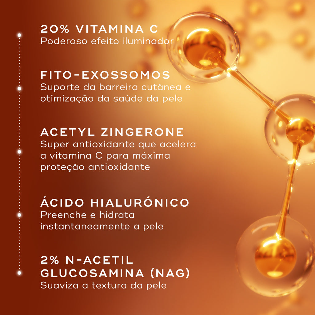 Os principais ingredientes do Medik8 C-Tetra Advanced são listados sobre um fundo âmbar com um gráfico molecular 3D. Os ingredientes destacados incluem 20% de Vitamina C para iluminar, Fito-exossomos para suporte da barreira, Acetyl Zingerone para proteção antioxidante, Ácido Hialurônico para hidratação e 2% de N-Acetil Glucosamina (NAG) para suavizar a textura da pele.