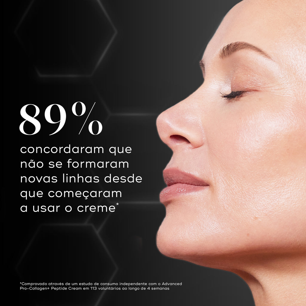 Um close-up de perfil do rosto de uma mulher sorridente é mostrado contra um fundo cinza escuro com padrão hexagonal. Um texto branco grande à sua esquerda afirma que 89% concordaram que não se formaram novas linhas desde que começaram a usar o creme. A letra miúda na parte inferior detalha o estudo de usuário independente com o Advanced Pro-Collagen+ Peptide Cream ao longo de 4 semanas com 113 voluntários.