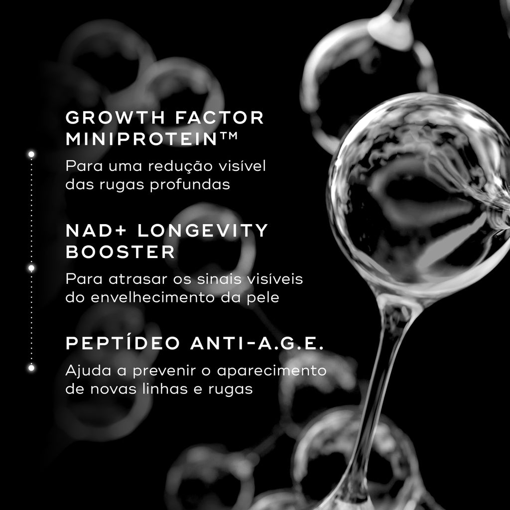 Os principais ingredientes são listados em texto branco contra um fundo preto com gráficos grandes e flutuantes de gotículas de água. Os ingredientes destacados incluem Growth Factor MiniProtein para redução visível de rugas profundas, NAD+ Longevity Booster para retardar sinais visíveis de envelhecimento da pele e Anti-A.G.E. Peptide para ajudar a prevenir novas linhas e rugas.