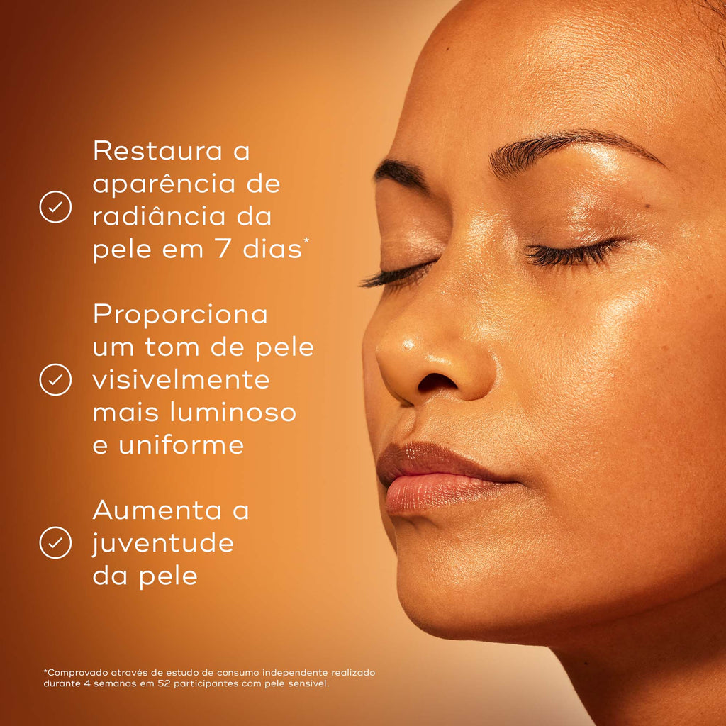 Um close-up de perfil de uma mulher com pele luminosa e olhos fechados contra um fundo laranja quente. Os marcadores listam os benefícios: restaura a aparência de radiância da pele em 7 dias, proporciona um tom de pele visivelmente mais luminoso e uniforme, e aumenta a juventude da pele.