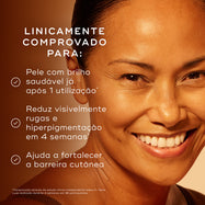 Close-up de uma mulher sorridente com pele luminosa contra um fundo quente. Os marcadores afirmam que é clinicamente comprovado para proporcionar um brilho saudável após 1 utilização, reduzir visivelmente rugas e hiperpigmentação em 4 semanas, e ajudar a fortalecer a barreira cutânea.