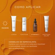 Um guia de rotina matinal exibe produtos Medik8 sobre um fundo líquido laranja. As etapas incluem Surface Radiance Cleanse (LIMPAR), Press & Glow (TONIFICAR), o frasco conta-gotas C-Tetra Luxe em destaque (VITAMINA C) e Advanced Day Ultimate Protect (PROTEÇÃO SOLAR).